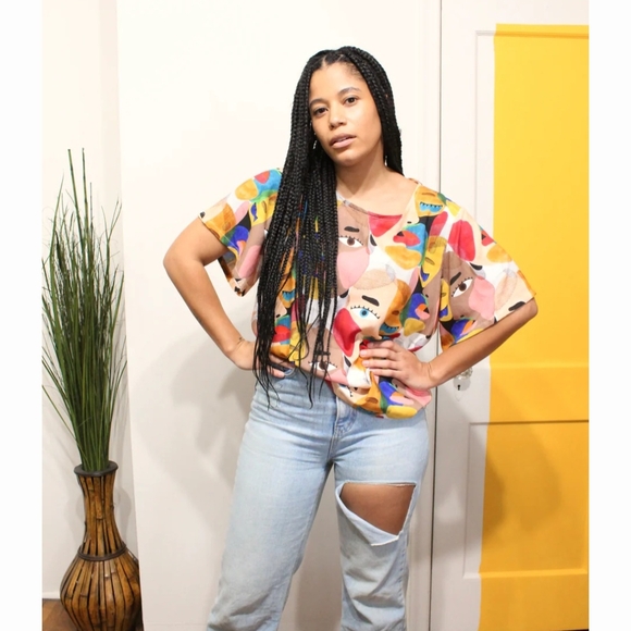 OGE AJIBE‎ M multicoloured abstract faces wearable art Canadian Rayon Picasso - Picture 6 of 16